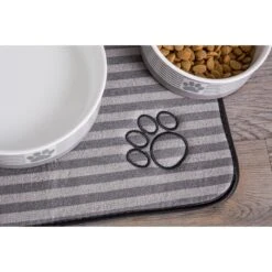 Bone Dry Stripe Embroidered Paw Print Dog & Cat Food Mat -Cozy Paws 153980 PT2. AC SS1800 V1539714750