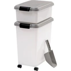 IRIS USA 3-Piece WeatherPro Airtight Stackable Dog, Cat & Bird Food Storage Container Combo With Scoop & Treat Box