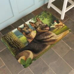 Bungalow Flooring German Shepherds & Chickens Dog Dinner Mat, 36 X 23-in -Cozy Paws 235673 PT4. AC SS1800 V1615336350