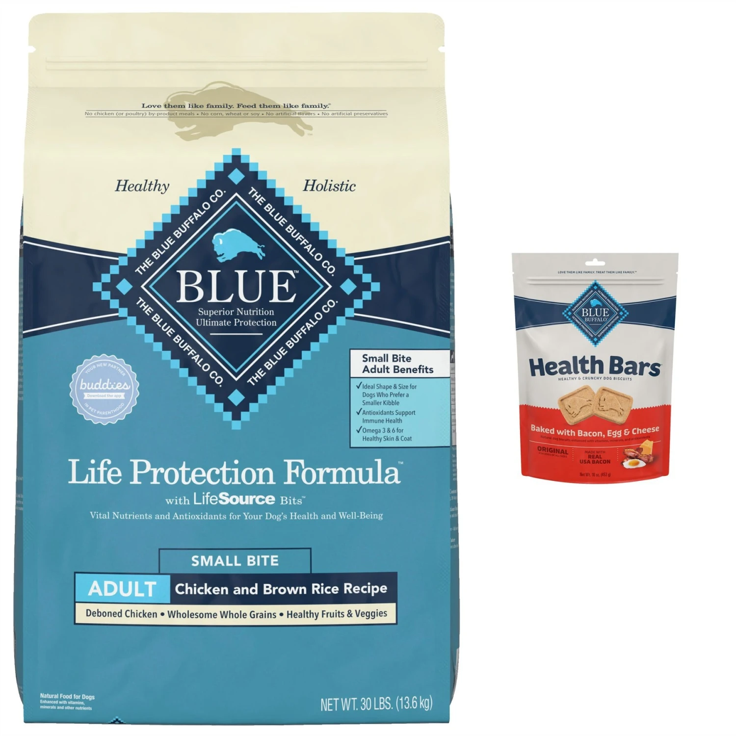 Blue Buffalo Life Protection Formula Small Bite Adult Chicken & Brown Rice Recipe Dry Dog Food & Blue Buffalo Health Bars Baked With Bacon, Egg & Cheese Dog Treats 3 Blue Buffalo Life Protection Formula Small Bite Adult Chicken & Brown Rice Recipe Dry Dog Food & Blue Buffalo Health Bars Baked With Bacon, Egg & Cheese Dog Treats