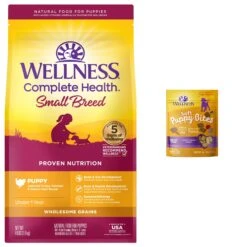 Wellness Small Breed Complete Health Puppy Turkey, Oatmeal & Salmon Meal Recipe Dry Dog Food & Wellness Soft Puppy Bites Lamb & Salmon Recipe Grain-Free Natural Dog Treats