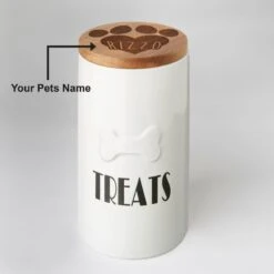 Frisco Ceramic Personalized Treat Jar With Wood Lid, 4 Cup, 32oz -Cozy Paws 301179 PT5. AC SS1800 V1631119577