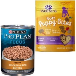 Purina Pro Plan Development Puppy Chicken & Rice Entree Canned Dog Food & Wellness Soft Puppy Bites Lamb & Salmon Recipe Grain-Free Natural Dog Treats