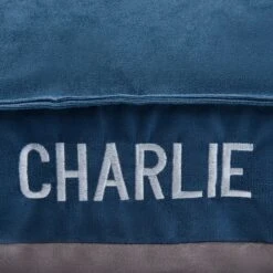 Frisco Personalized Navy Bolstered Bed With Navy Check Bolster -Cozy Paws 311766 PT4. AC SS1800 V1630593985