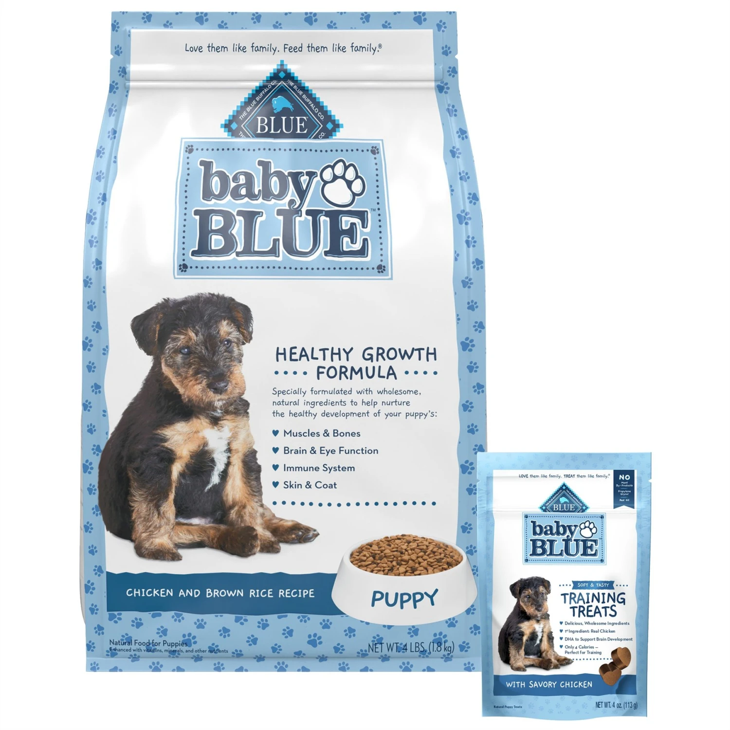 Blue Buffalo Baby Blue Healthy Growth Formula Natural Chicken & Brown Rice Recipe Puppy Dry Food & Blue Buffalo Baby Blue Natural Savory Chicken Puppy Treats, 4-oz Bag 3 Blue Buffalo Baby Blue Healthy Growth Formula Natural Chicken & Brown Rice Recipe Puppy Dry Food & Blue Buffalo Baby Blue Natural Savory Chicken Puppy Treats, 4-oz Bag
