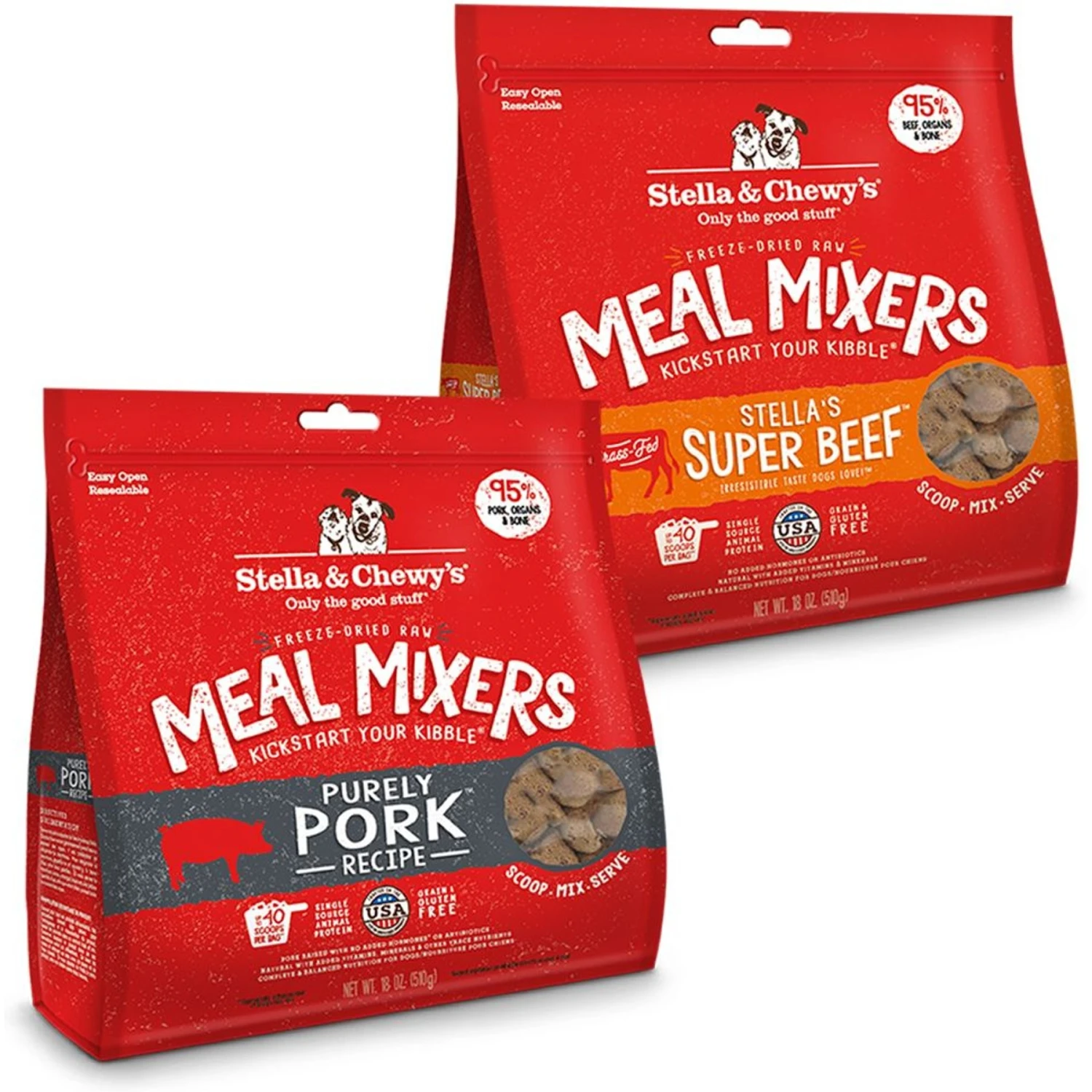 Stella & Chewy's Meal Mixers Purely Pork Freeze-Dried Raw Dog Food Topper & Stella & Chewy's Stella's Super Beef Meal Mixers Freeze-Dried Raw Dog Food Topper 3 Stella & Chewy's Meal Mixers Purely Pork Freeze-Dried Raw Dog Food Topper & Stella & Chewy's Stella's Super Beef Meal Mixers Freeze-Dried Raw Dog Food Topper