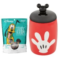 Disney Table Scraps Mickey Mouse Hot Diggity Dog Recipe Upcycled Jerky Dog Treats, 5-oz Bag & Disney Mickey Mouse Ceramic Dog & Cat Treat Jar