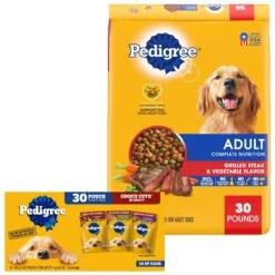 Pedigree Complete Nutrition Grilled Steak & Vegetable Flavor Dog Kibble Adult Dry Dog Food & Pedigree Choice Cuts In Gravy Variety Pack Adult Wet Dog Food, 3.5-oz Pouch, Case Of 30