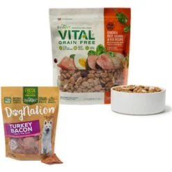 Freshpet Vital Chicken, Beef, Salmon & Egg Recipe Grain-Free Fresh Dog Food & Freshpet Dognation Turkey Bacon Grain-Free Fresh Dog Treats, 3-oz Bag, Case Of 6