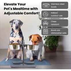 Iconic Pet Adjustable Stainless Steel Elevated Dog Bowl, H Design -Cozy Paws 701886 PT2. AC SS1800 V1668110957