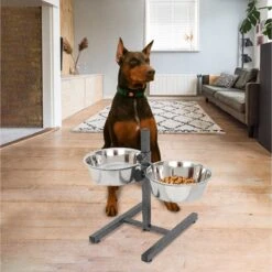 Iconic Pet Adjustable Stainless Steel Elevated Dog Bowl, H Design -Cozy Paws 701886 PT7. AC SS1800 V1668110957
