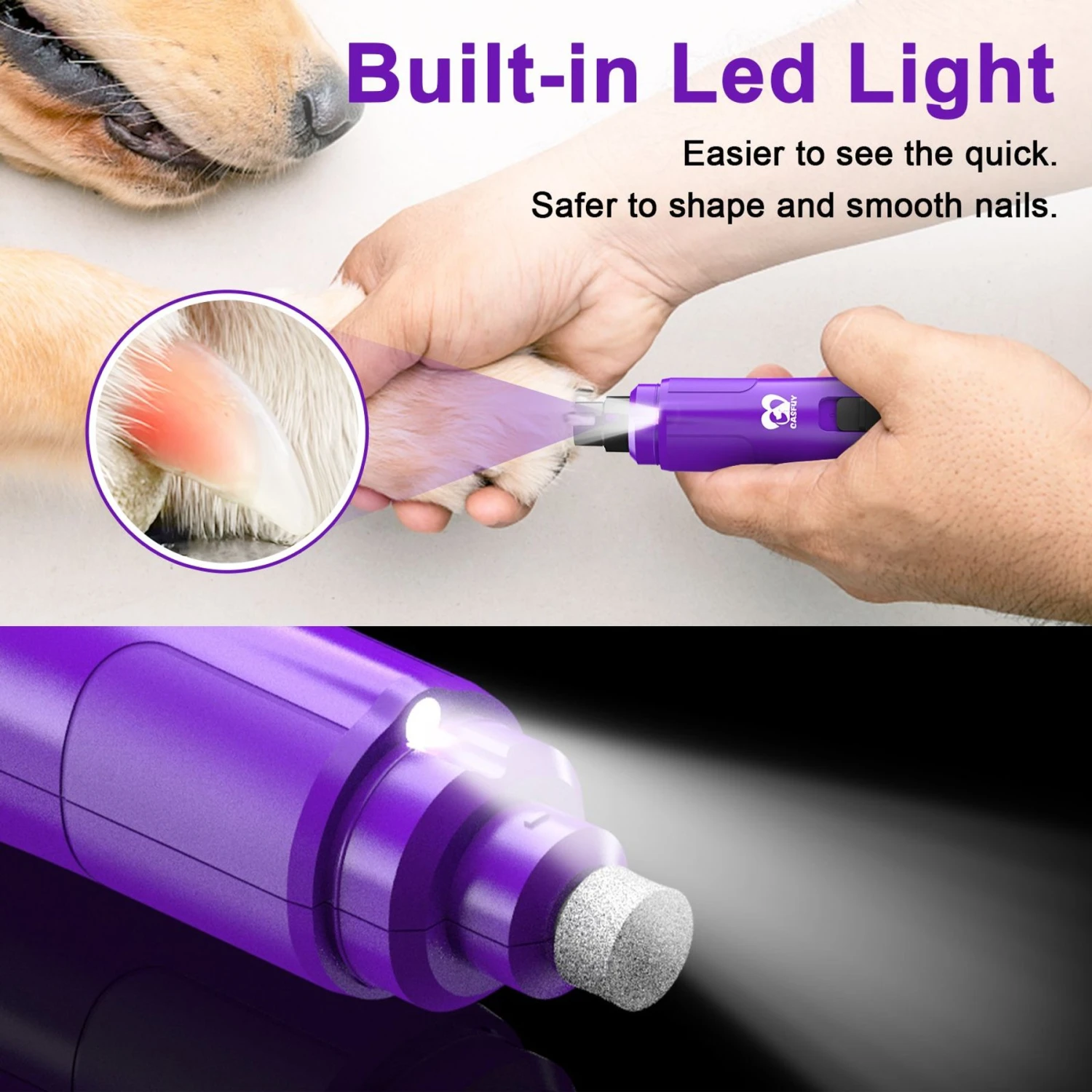 Casfuy 2-Speed Electric Dog Nail Grinder With LED Light, Purple 4 Casfuy 2-Speed Electric Dog Nail Grinder With LED Light, Purple - Image 2