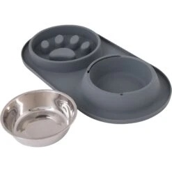Pounce + Fetch Silicone Double Bowl Slow Feeder, 10-oz, Grey -Cozy Paws 883294 PT4. AC SS1800 V1686247410