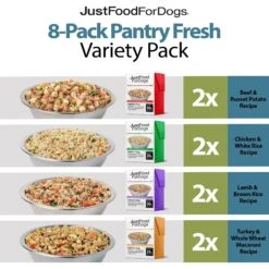 JustFoodForDogs Variety Pack Frozen Human-Grade Fresh Dog Food & JustFoodForDogs Pantry Fresh Human-Grade Non-GMO Variety Pack Fresh Dog Food, 12.5-oz Pouch, Case Of 8 -Cozy Paws 933446 PT5. AC SS1800 V1692305570
